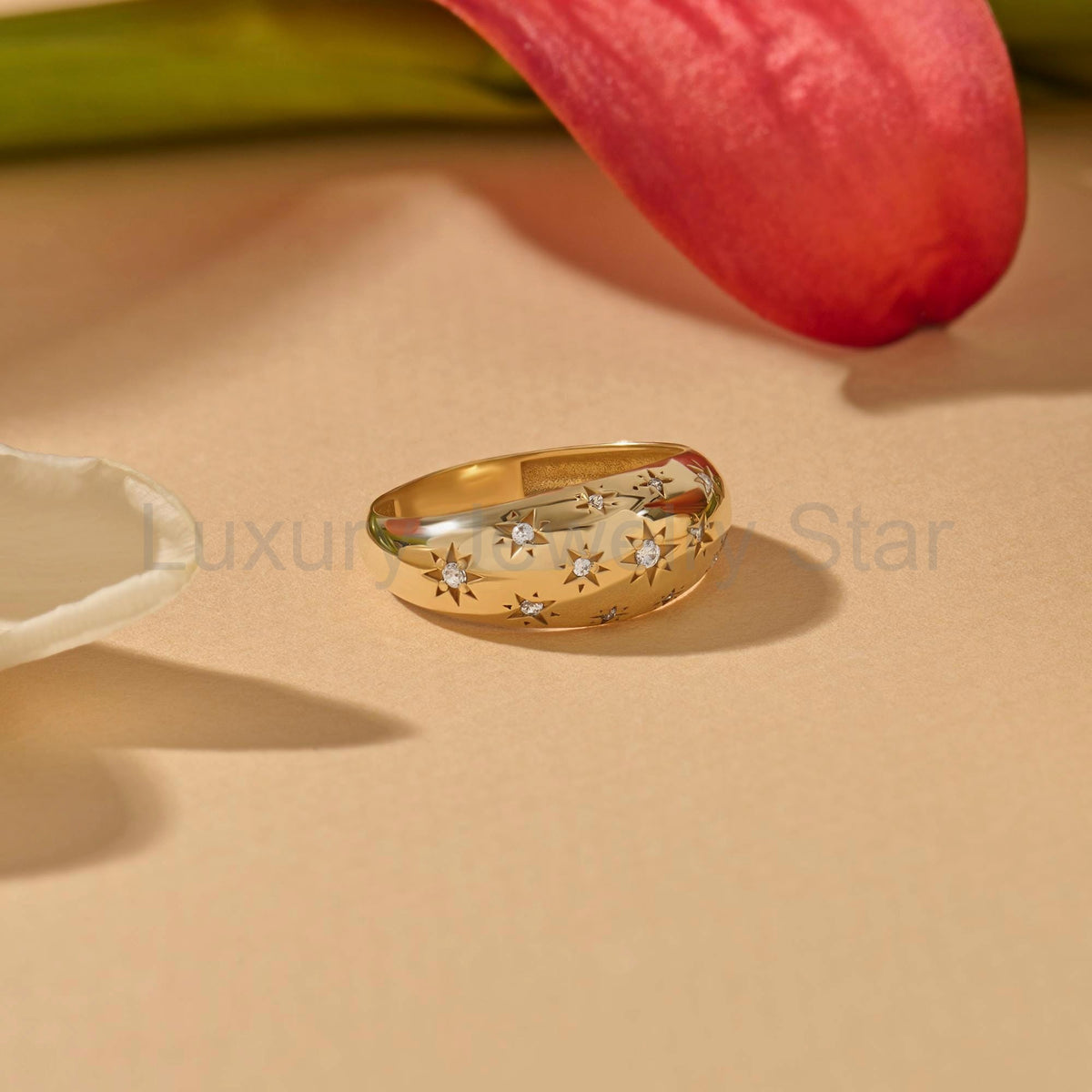 Solid Gold Chunky Star Ring - Pave Diamond Dome Ring, Unique Statement Pinky Ring for - image 4