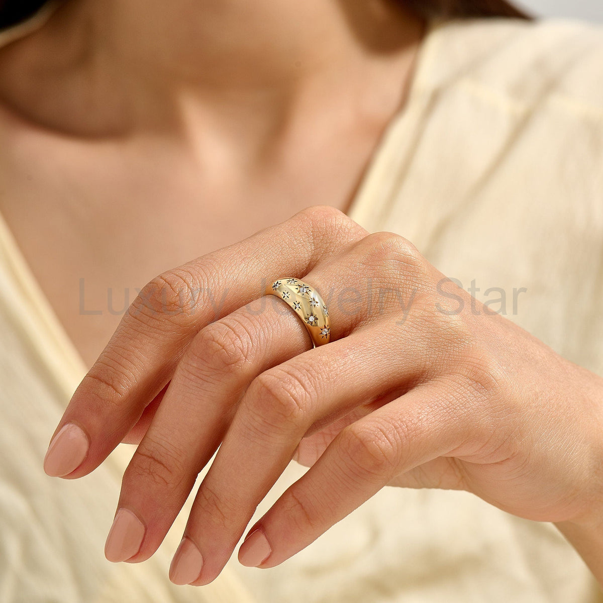 Solid Gold Chunky Star Ring - Pave Diamond Dome Ring, Unique Statement Pinky Ring for - image 5