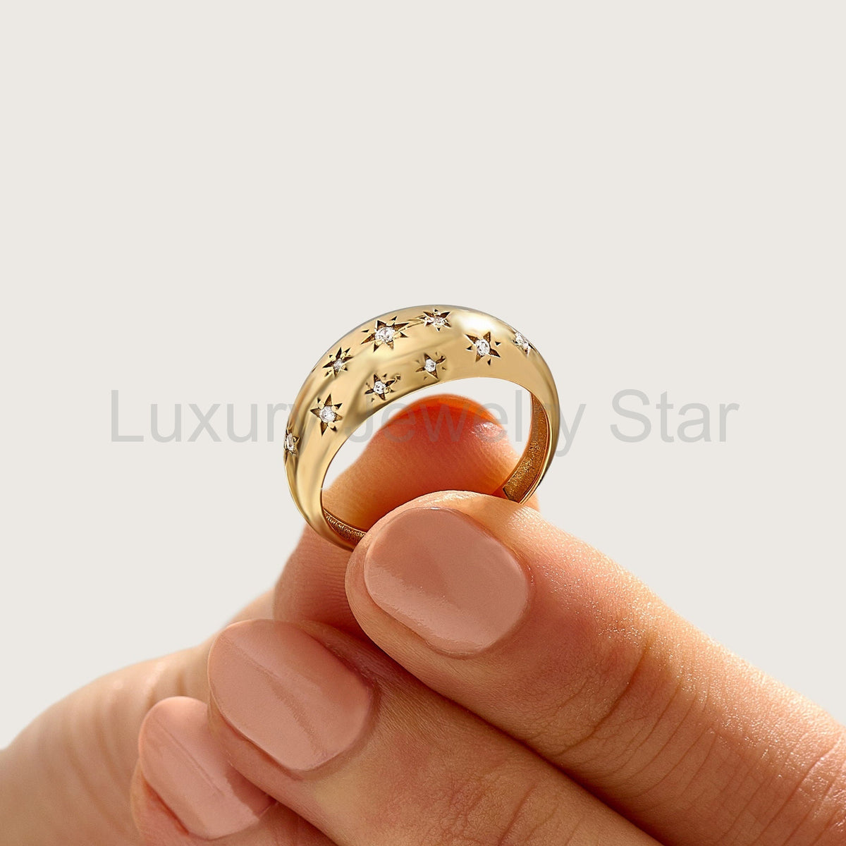 Solid Gold Chunky Star Ring - Pave Diamond Dome Ring, Unique Statement Pinky Ring for - image 6