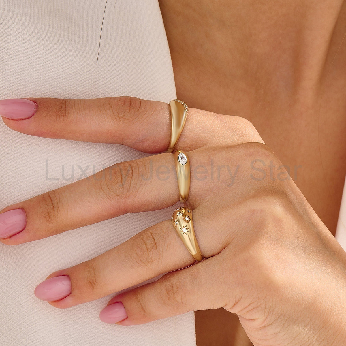 Solid Gold Chunky Star Ring - Pave Diamond Dome Ring, Unique Statement Pinky Ring for - image 7