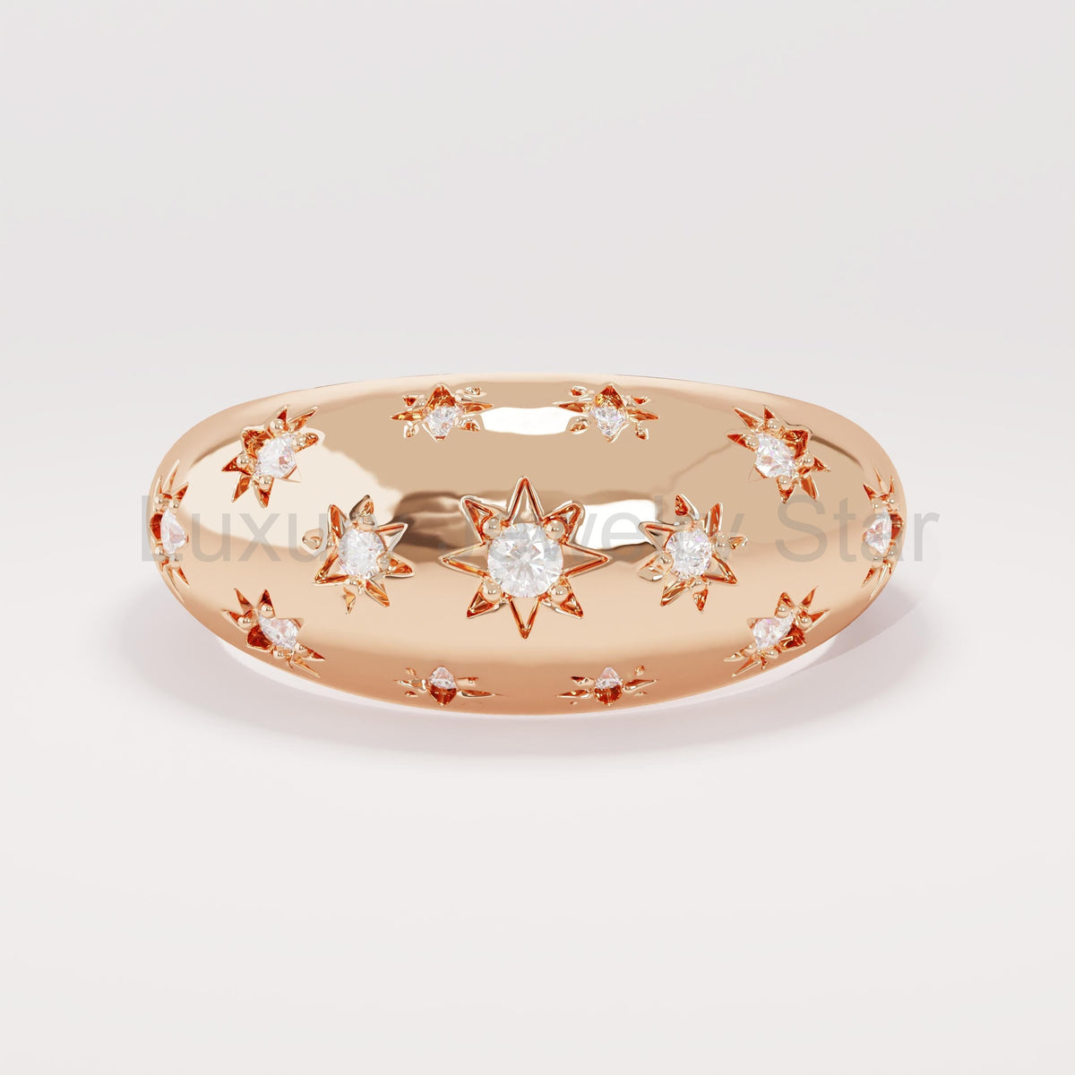 Solid Gold Chunky Star Ring - Pave Diamond Dome Ring, Unique Statement Pinky Ring for - image 8