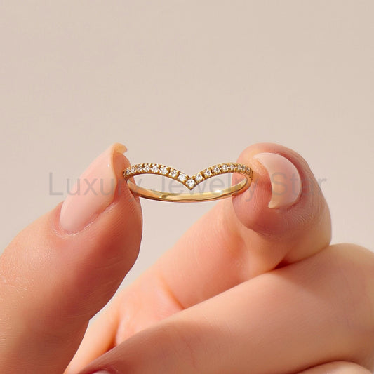 Solid Gold Curved V-Shaped Wedding Band - Diamond Half Eternity Ring, Solitaire Engagement Enhancer