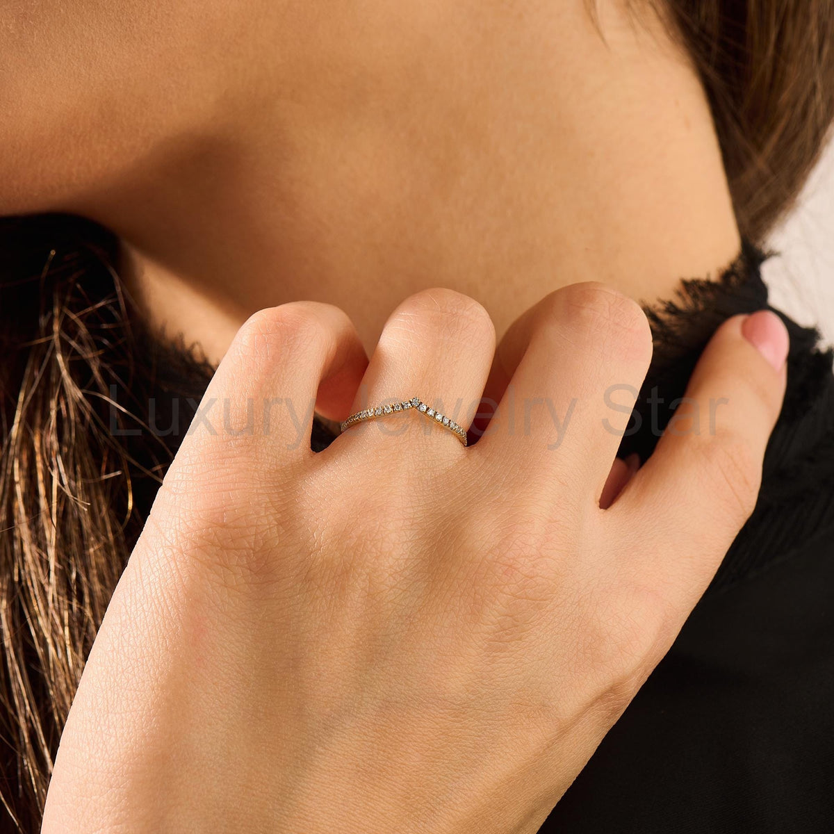 Solid Gold Curved V-Shaped Wedding Band - Diamond Half Eternity Ring, Solitaire Engagement - image 2