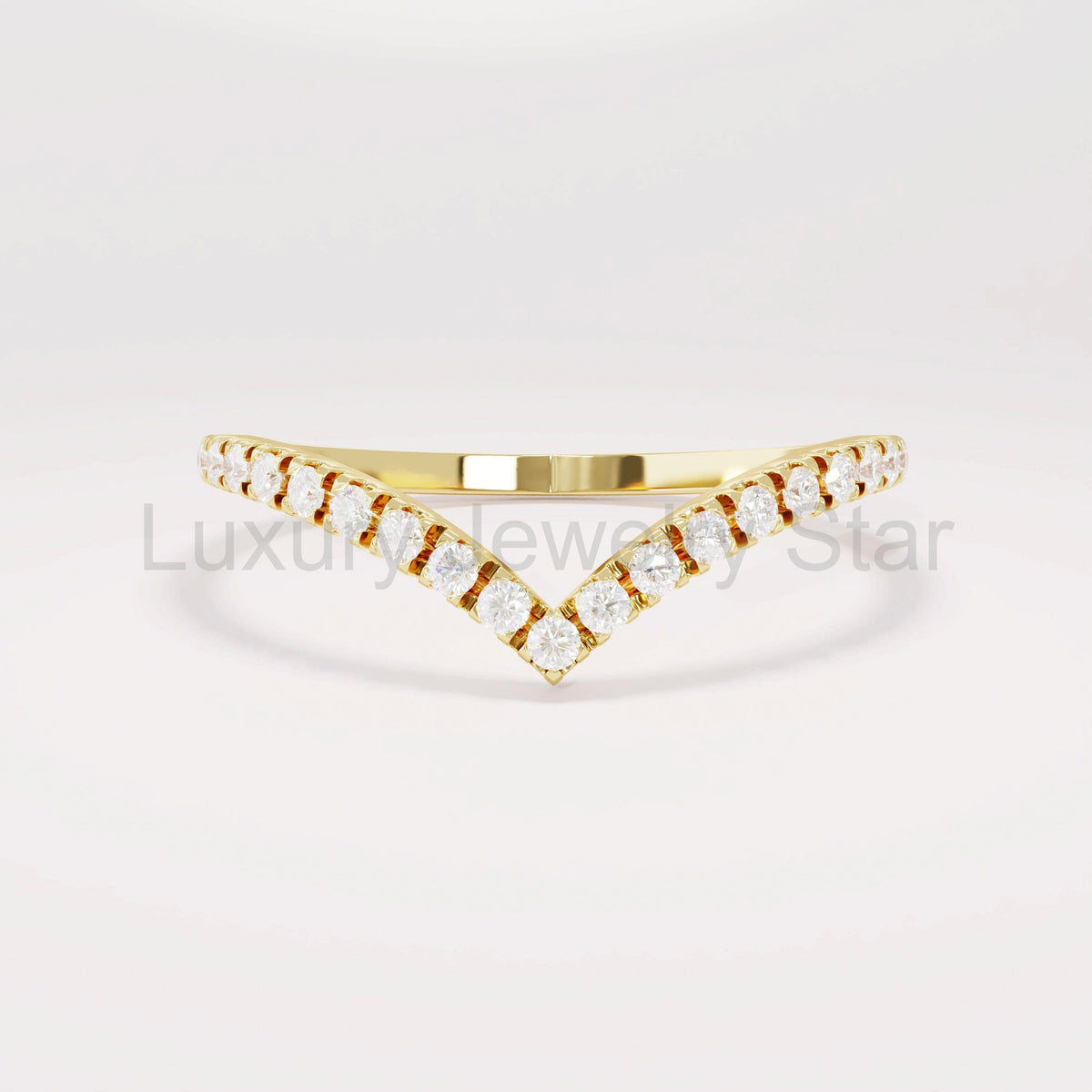 Solid Gold Curved V-Shaped Wedding Band - Diamond Half Eternity Ring, Solitaire Engagement - image 5
