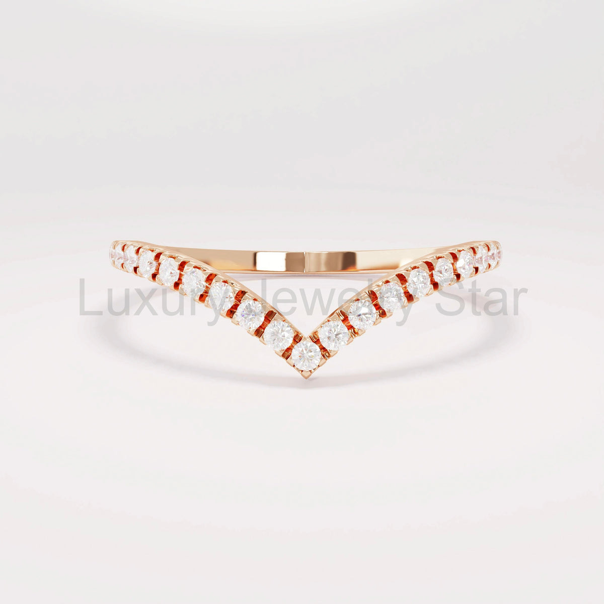 Solid Gold Curved V-Shaped Wedding Band - Diamond Half Eternity Ring, Solitaire Engagement - image 6