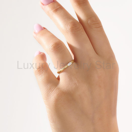 Baguette Solitaire 14k Solid Gold Diamond Ring - Minimalist East West Engagement Band for - image 2