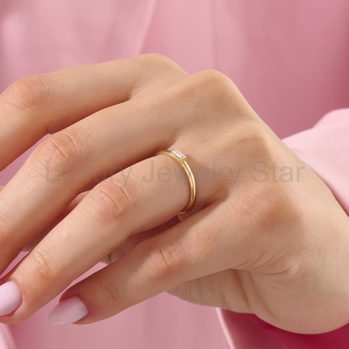 Baguette Solitaire 14k Solid Gold Diamond Ring - Minimalist East West Engagement Band for - image 6