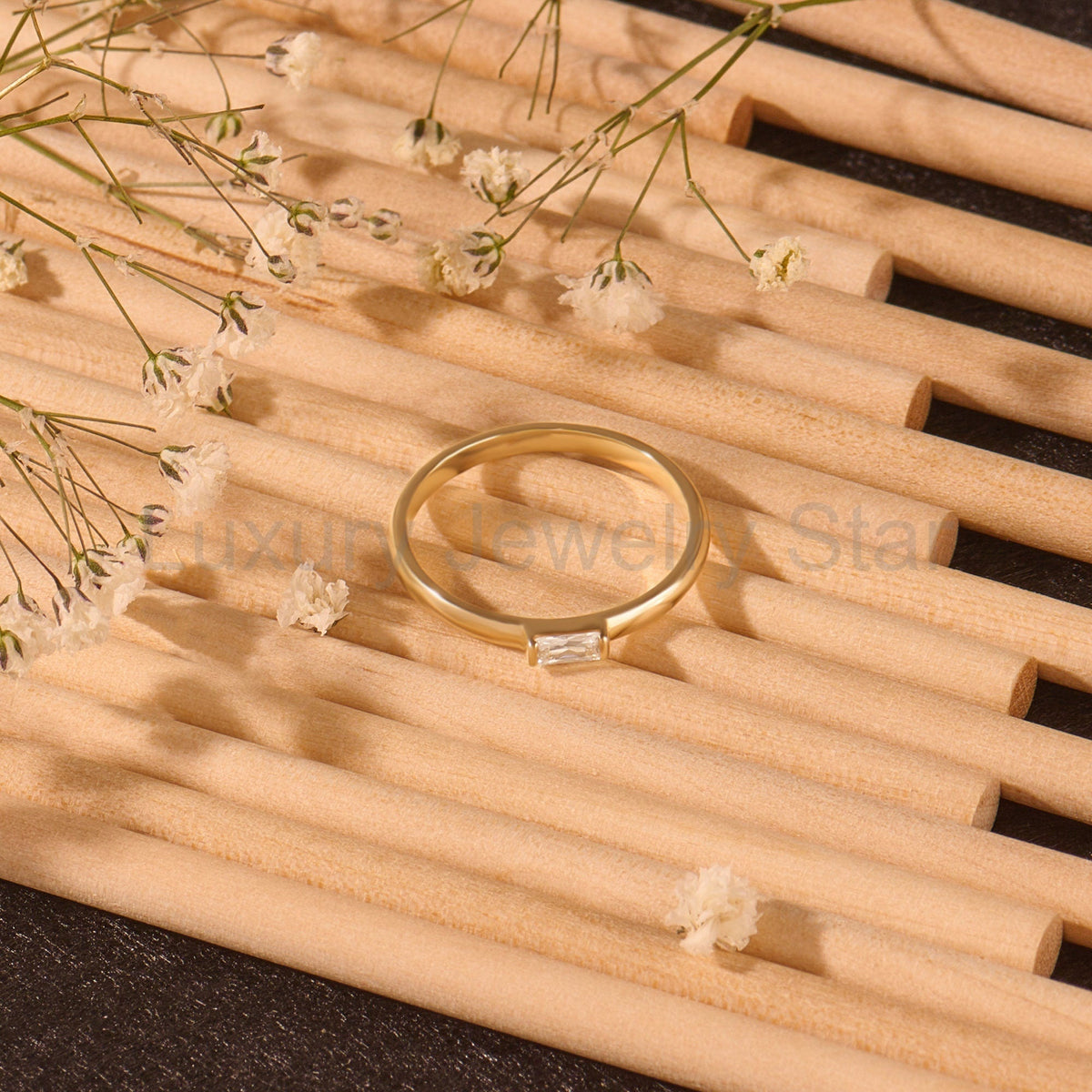 Baguette Solitaire 14k Solid Gold Diamond Ring - Minimalist East West Engagement Band for - image 9