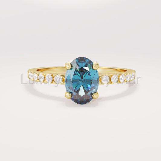 Oval Blue Sapphire Solitaire 14k Gold - Handmade Bridal Ring with Dainty Diamonds, Engagement Ring