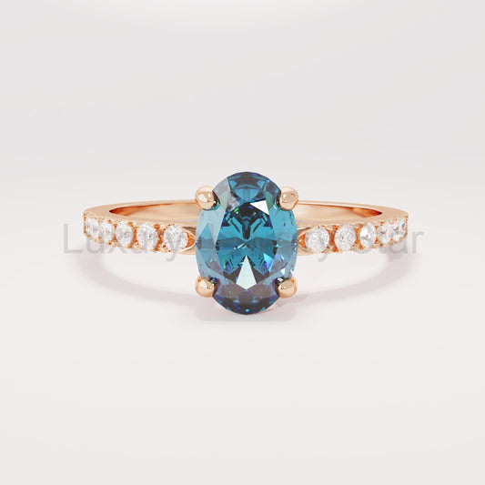 Oval Blue Sapphire Solitaire 14k Gold - Handmade Bridal Ring with Dainty Diamonds - image 2