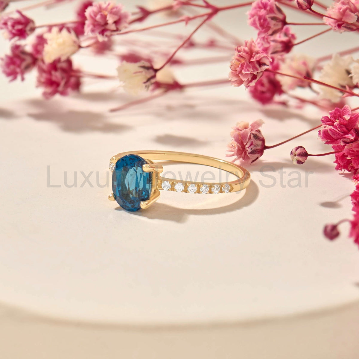 Oval Blue Sapphire Solitaire 14k Gold - Handmade Bridal Ring with Dainty Diamonds - image 4