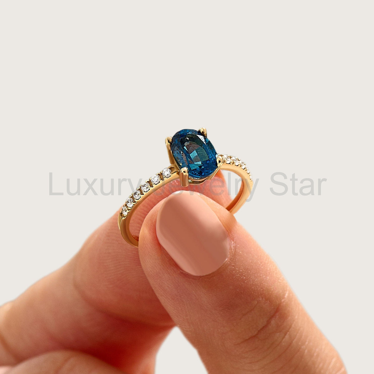 Oval Blue Sapphire Solitaire 14k Gold - Handmade Bridal Ring with Dainty Diamonds - image 7