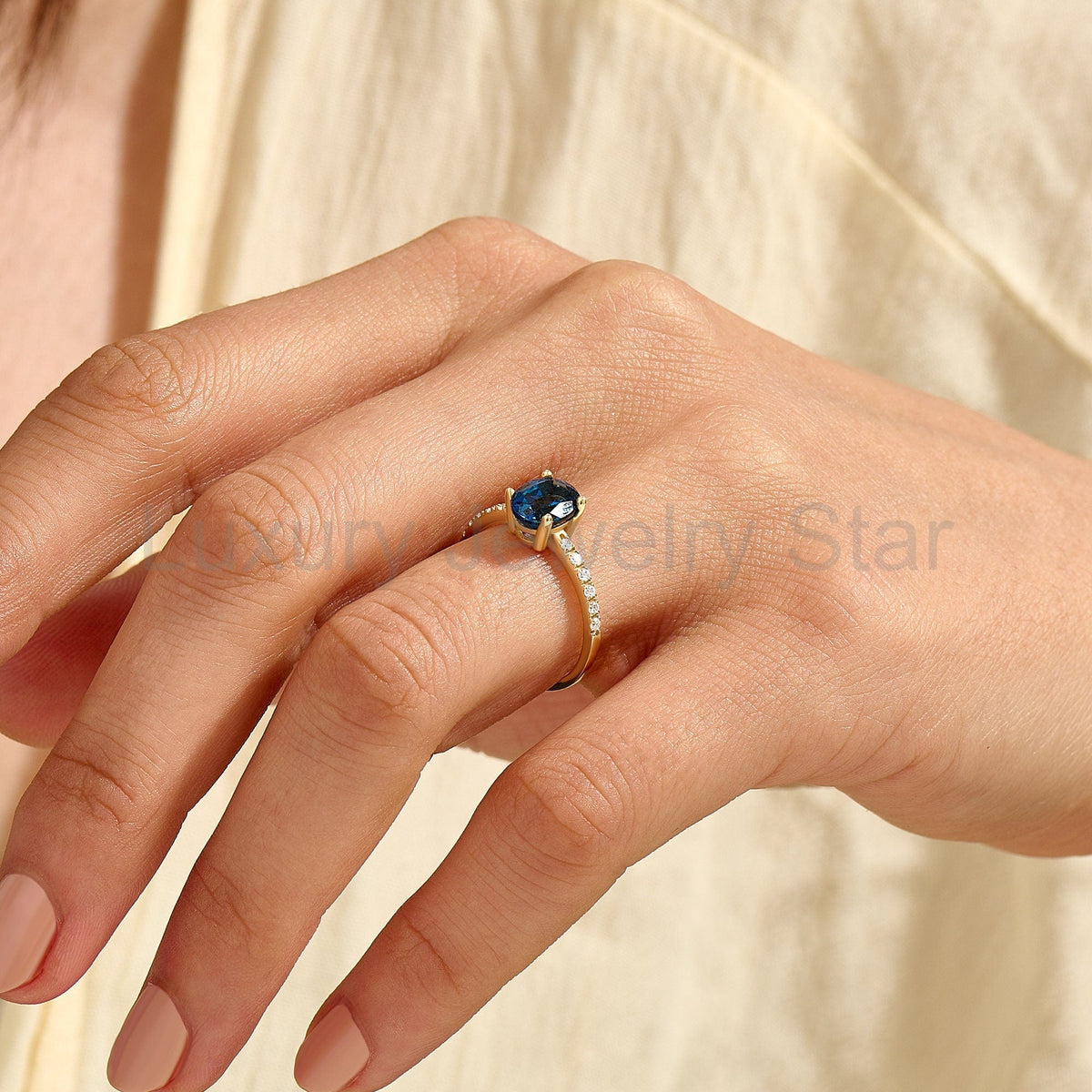 Oval Blue Sapphire Solitaire 14k Gold - Handmade Bridal Ring with Dainty Diamonds - image 8