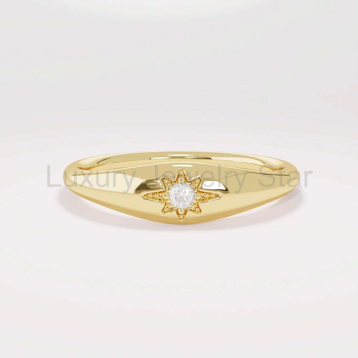 14k Solid Gold Diamond Starburst Pinky Ring - Small Signet Celestial Ring, Dainty Stacking Band