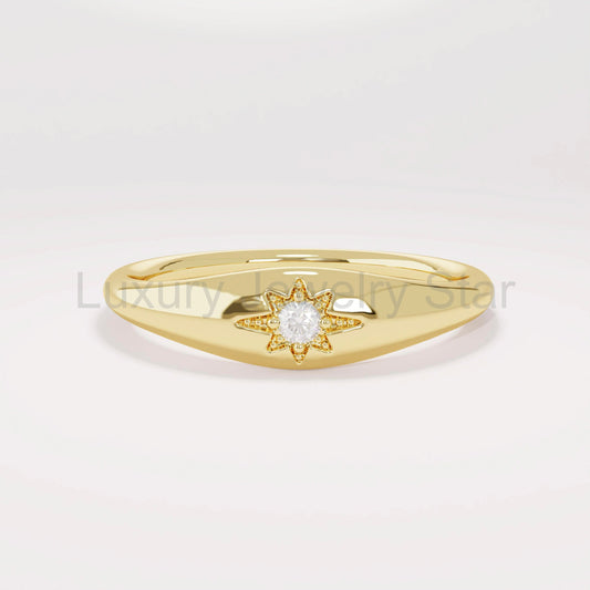 14k Solid Gold Diamond Starburst Pinky Ring - Small Signet Celestial Ring, Dainty Stacking Band