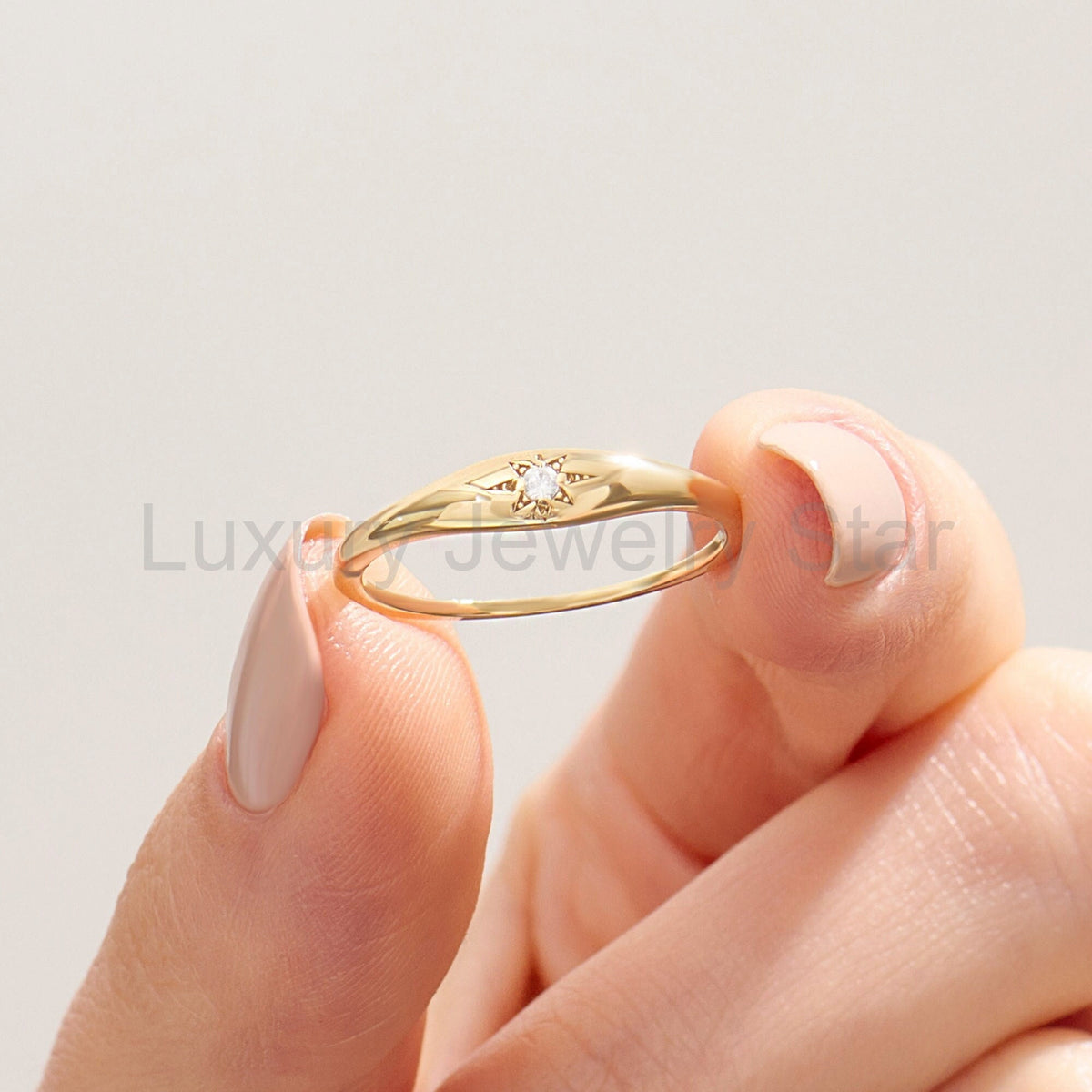 14k Solid Gold Diamond Starburst Pinky Ring - Small Signet Celestial Ring, Dainty - image 10