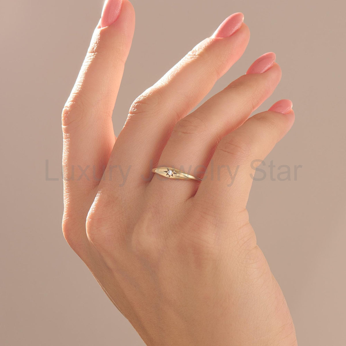 14k Solid Gold Diamond Starburst Pinky Ring - Small Signet Celestial Ring, Dainty Stacking - image 3