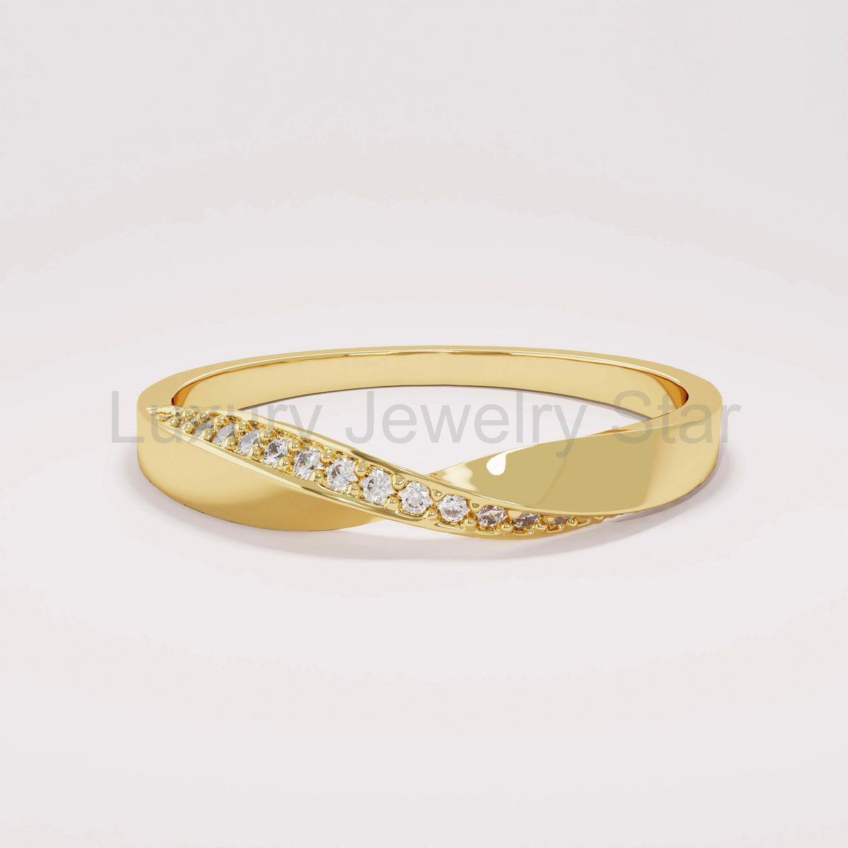 Minimalist Mobius Twist Ring 14k Gold - Diamond Wedding Band, Comfort Fit Stackable Band