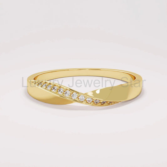 Minimalist Mobius Twist Ring 14k Gold - Diamond Wedding Band, Comfort Fit Stackable Band