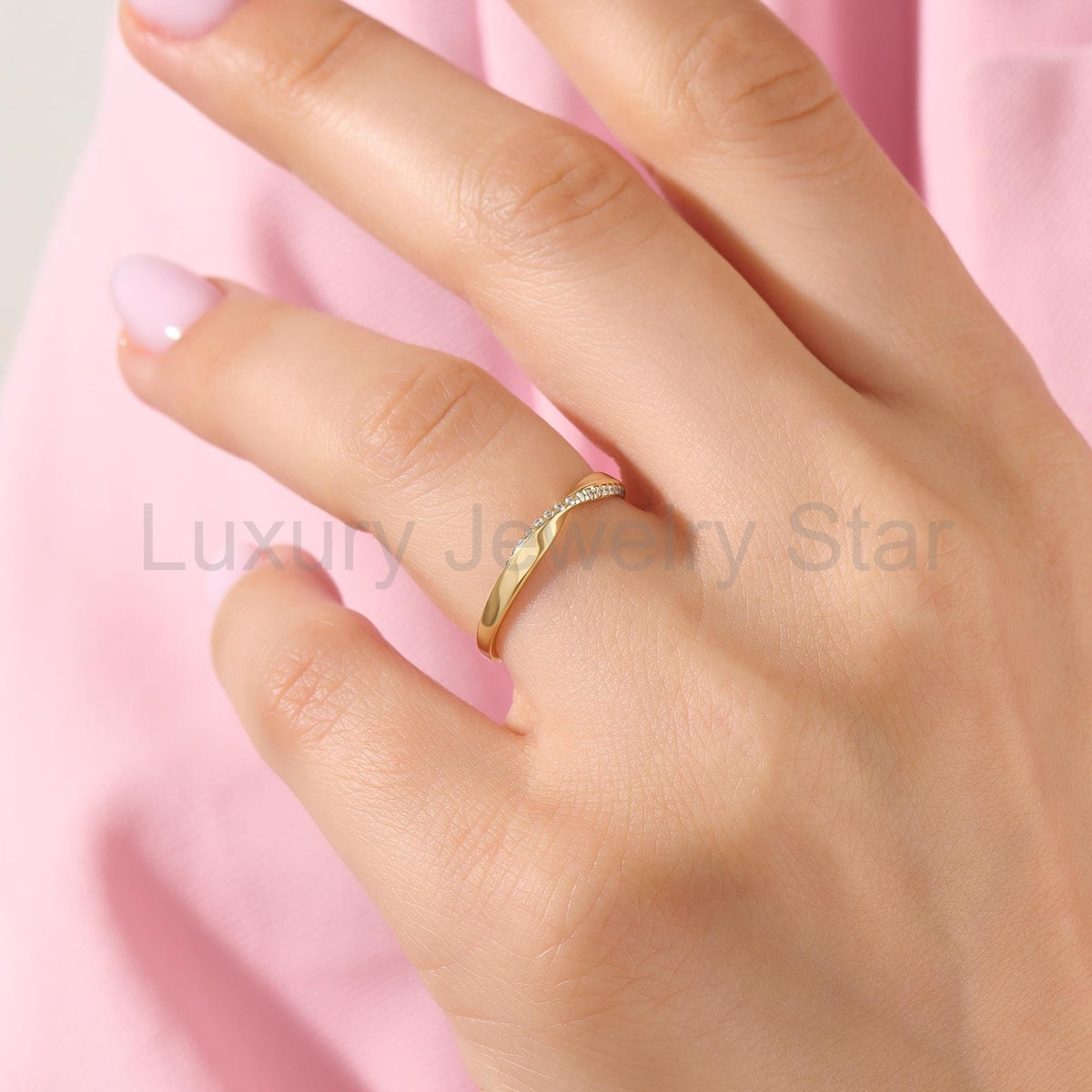 Minimalist Mobius Twist Ring 14k Gold - Diamond Wedding Band, Comfort Fit Stackable Band - image 2