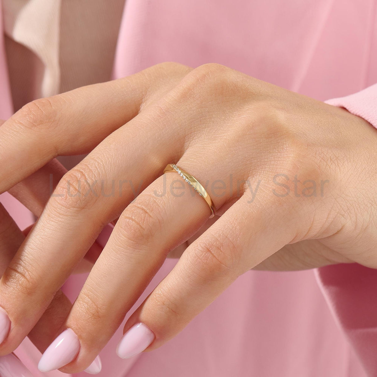 Minimalist Mobius Twist Ring 14k Gold - Diamond Wedding Band, Comfort Fit Stackable Band - image 4