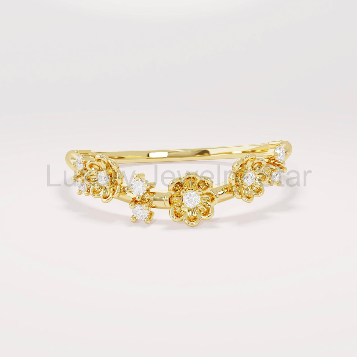 14k Daisy Curved Ring - Solid Gold Floral Wedding Band, Dainty Delicate Gold Ring for Her