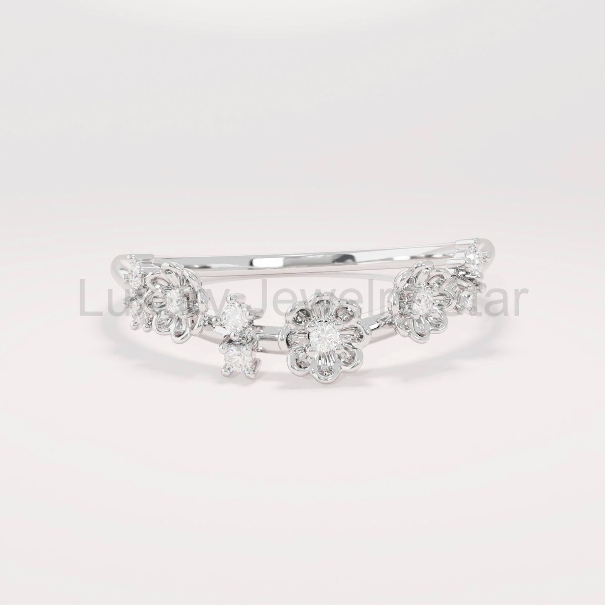 14k Daisy Curved Ring - Solid Gold Floral Wedding Band, Dainty Delicate Gold Ring for Her - image 4