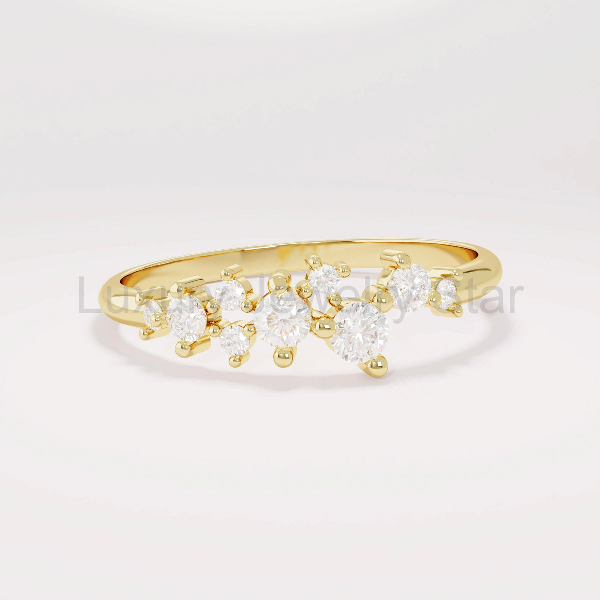 14k Solid Gold Diamond Cluster Ring • Unique Stackable Wedding Band • Dainty Minimalist Gift for