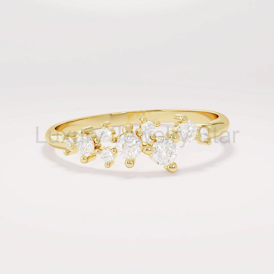 14k Solid Gold Diamond Cluster Ring • Unique Stackable Wedding Band • Dainty Minimalist Gift for