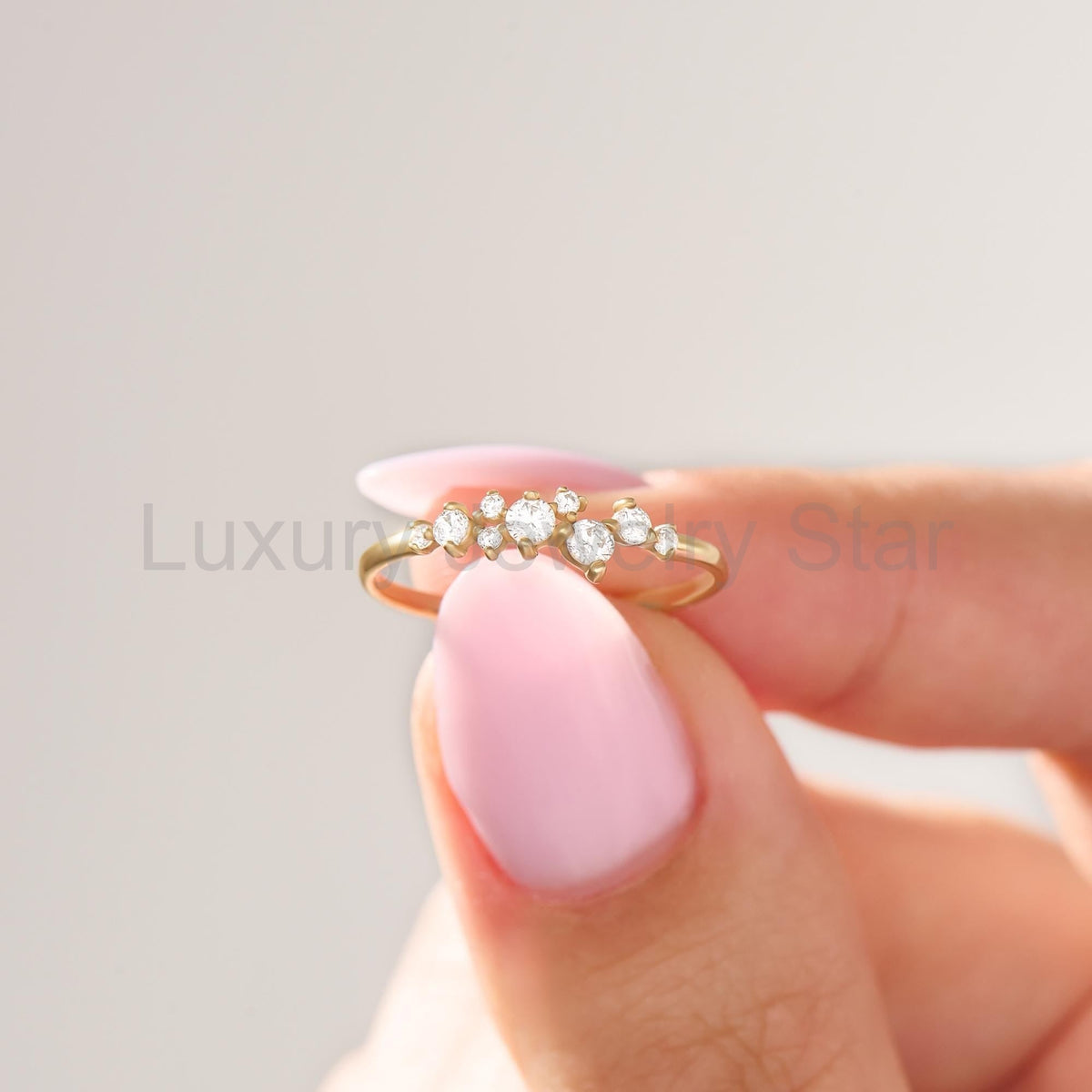 14k Solid Gold Diamond Cluster Ring • Unique Stackable Wedding Band • Dainty Minimalist - image 4