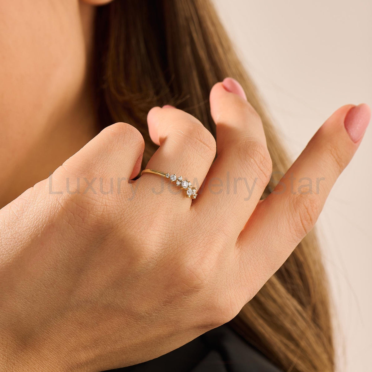 14k Solid Gold Diamond Cluster Ring • Unique Stackable Wedding Band • Dainty Minimalist - image 5