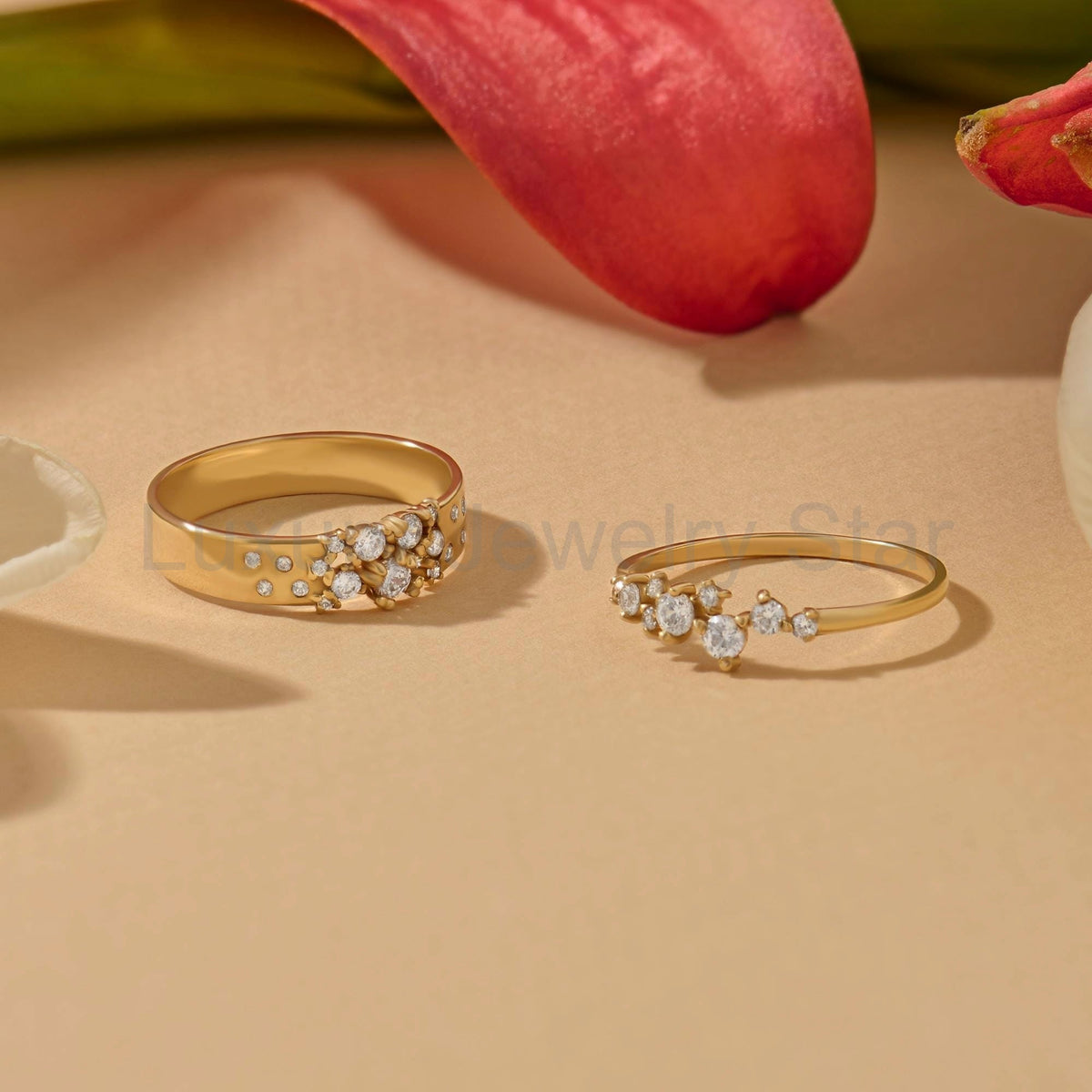 14k Solid Gold Diamond Cluster Ring • Unique Stackable Wedding Band • Dainty Minimalist - image 6