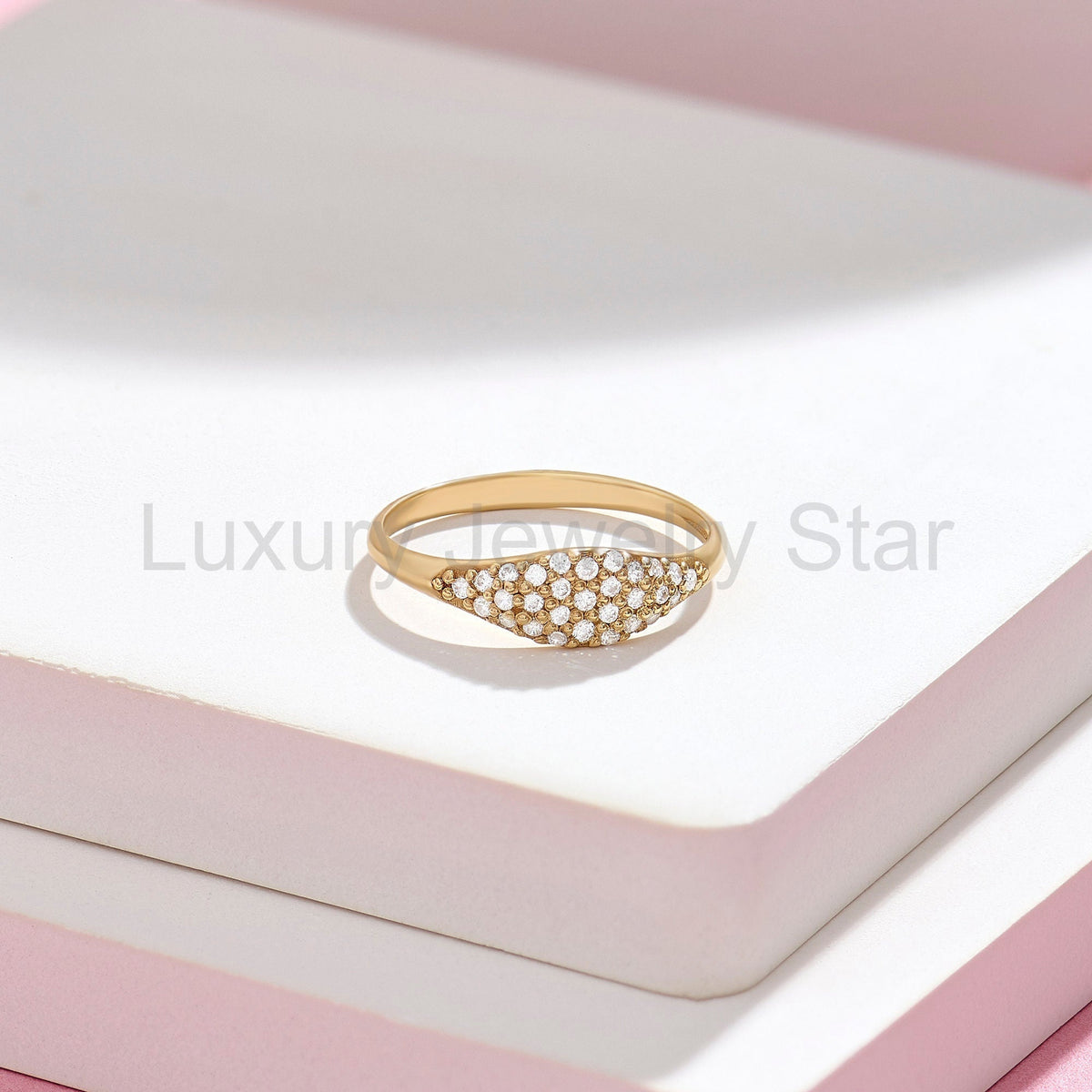 14k Solid Gold Pave Diamond Pinky Ring - Slim Unique Signet Ring, Versatile Stacking Midi - image 2