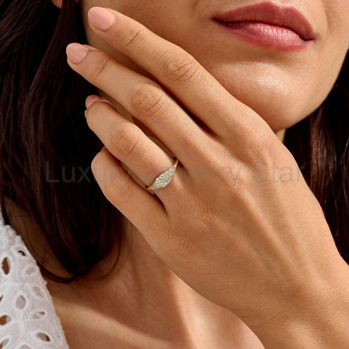 14k Solid Gold Pave Diamond Pinky Ring - Slim Unique Signet Ring, Versatile Stacking Midi - image 3