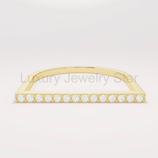 14k Solid Gold Diamond Flat Bar Ring, Dainty Fine Gold Jewelry, Pave Thin Stacking Band for Women