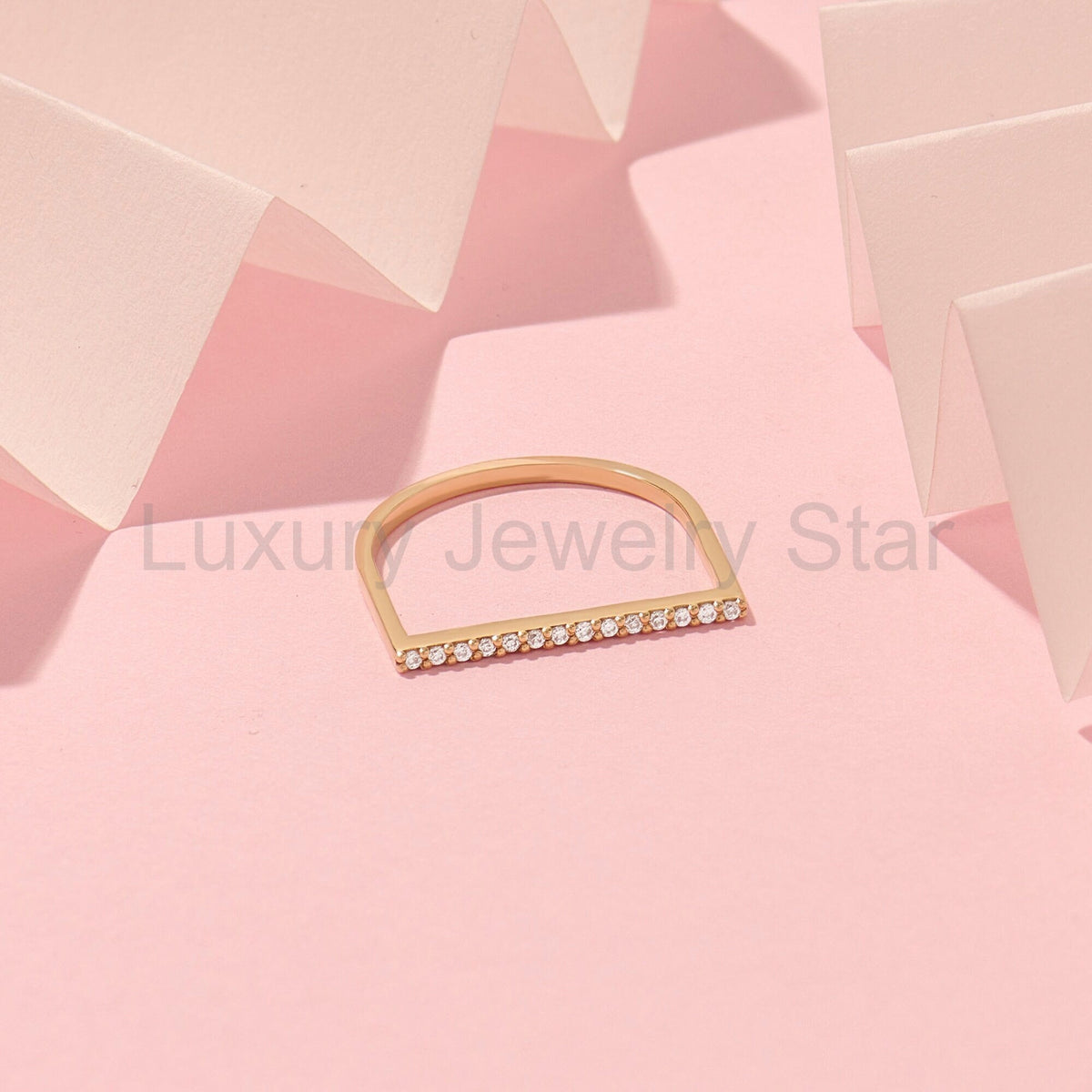 14k Solid Gold Diamond Flat Bar Ring, Dainty Fine Gold Jewelry, Pave Thin Stacking Band - image 7