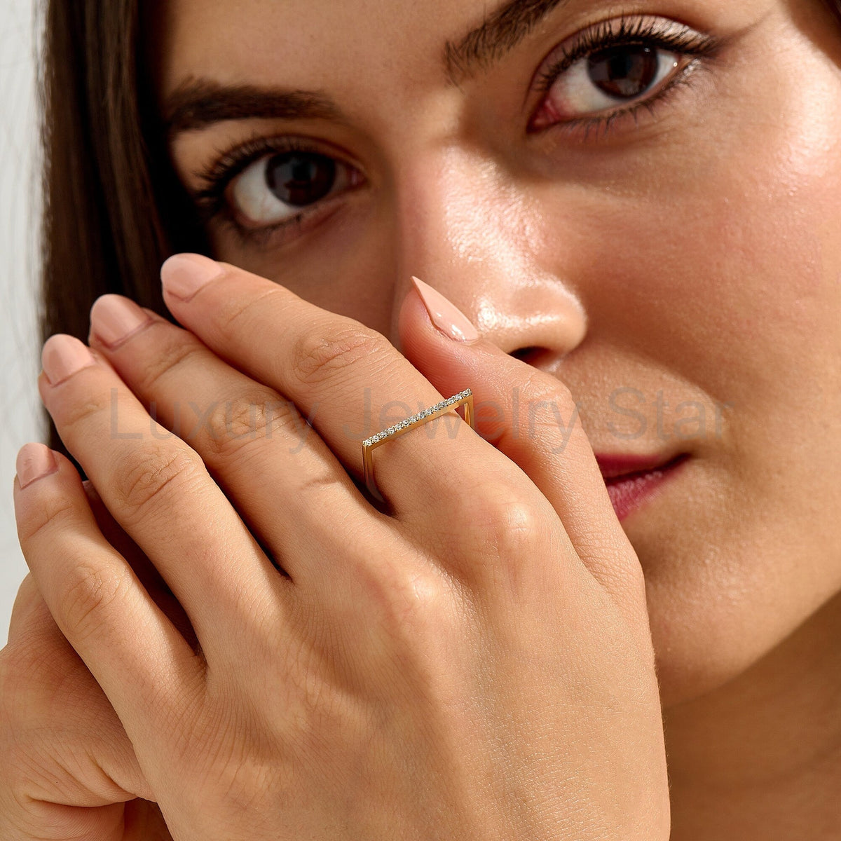 14k Solid Gold Diamond Flat Bar Ring, Dainty Fine Gold Jewelry, Pave Thin Stacking Band - image 8