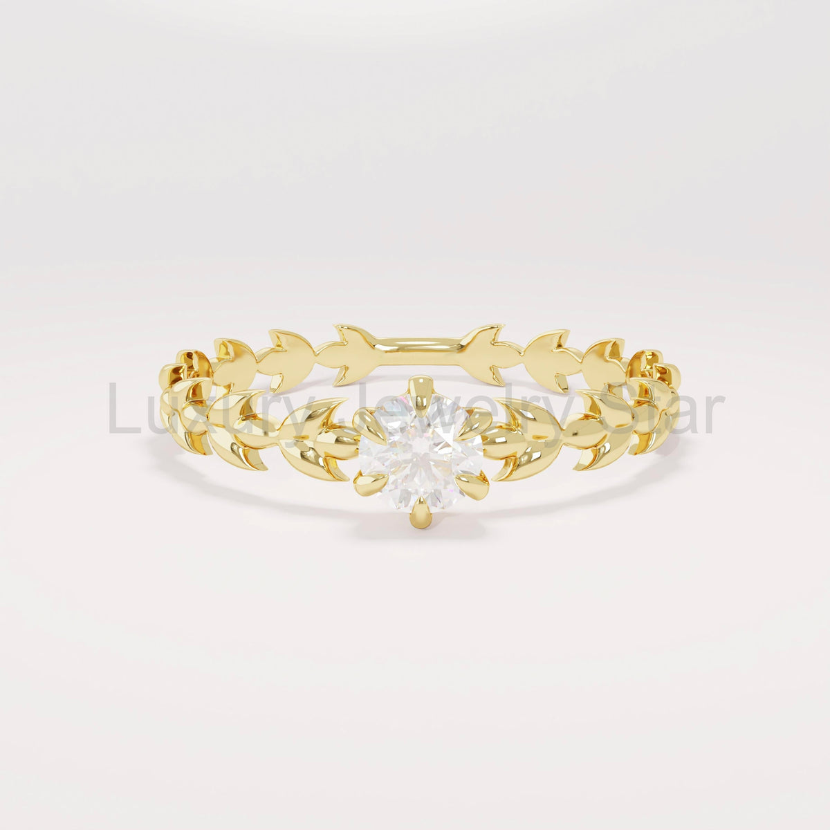 Handcrafted 14k Solid Gold Engagement Band - Diamond Solitaire with Vine Detailing, Minimalist Leaf
