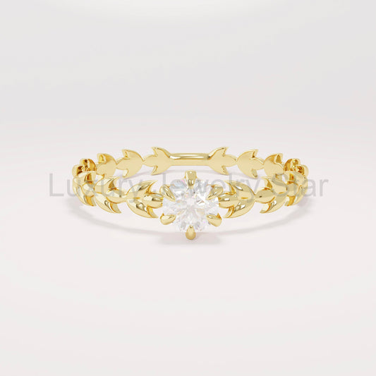 Handcrafted 14k Solid Gold Engagement Band - Diamond Solitaire with Vine Detailing, Minimalist Leaf