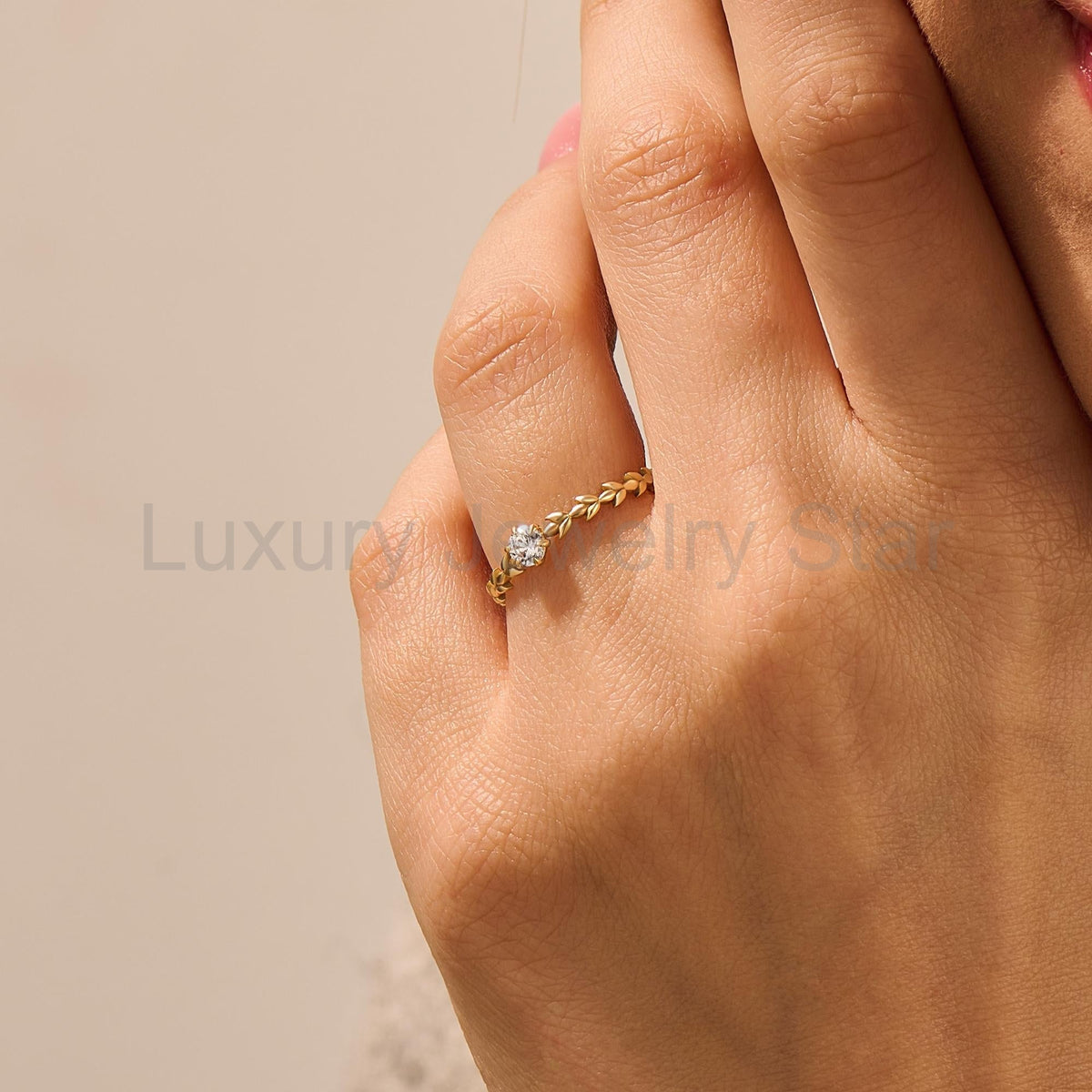 Handcrafted 14k Solid Gold Engagement Band - Diamond Solitaire with Vine Detailing - image 4