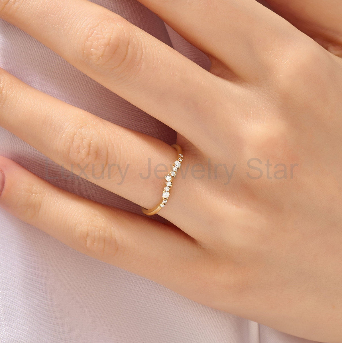 14k Solid Gold Nesting Enhancer Band – Curved Diamond Contour Ring, Minimalist Shaped Stacking