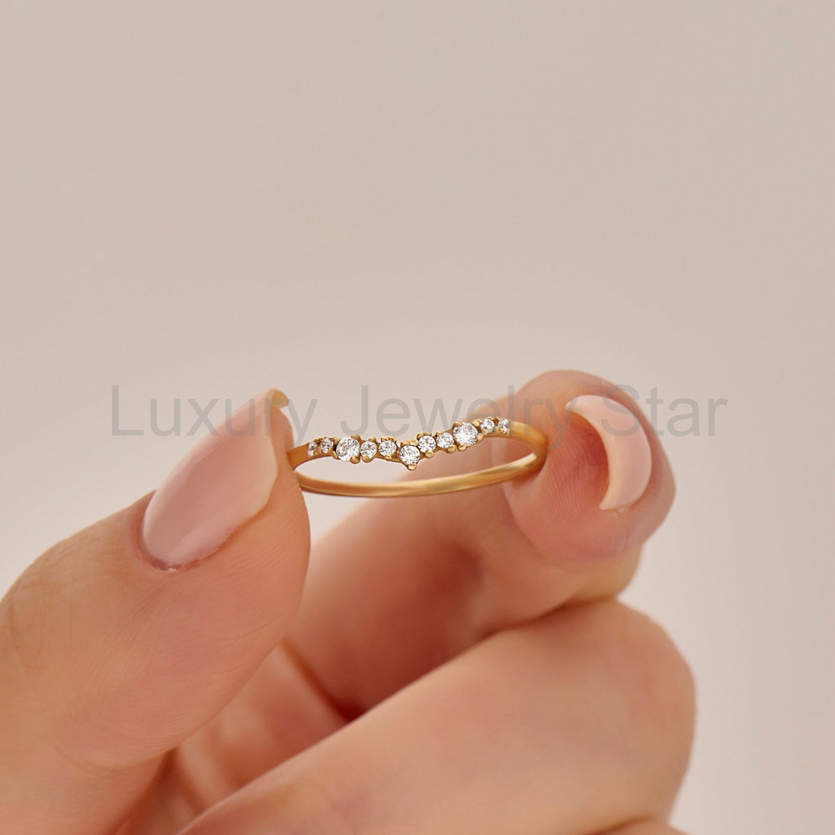 14k Solid Gold Nesting Enhancer Band – Curved Diamond Contour Ring, Minimalist Shaped - image 2