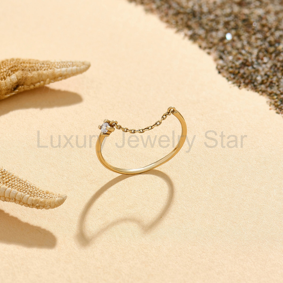 14k Solid Gold Diamond-Accented Open Chain Ring – Women's Minimalist Stackable Link Band - image 8