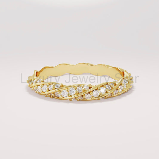 14k Solid Gold Twisted Diamond Wedding Band – Women's Braided Eternity Ring, Handmade Minimalist