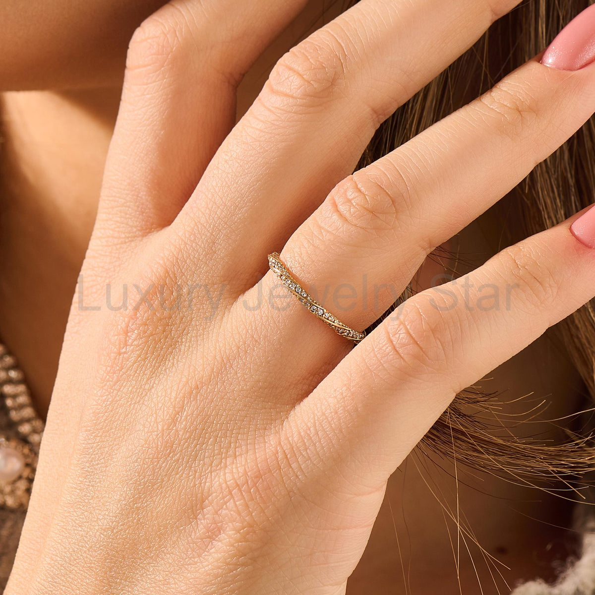 14k Solid Gold Twisted Diamond Wedding Band – Women's Braided Eternity Ring, Handmade - image 3