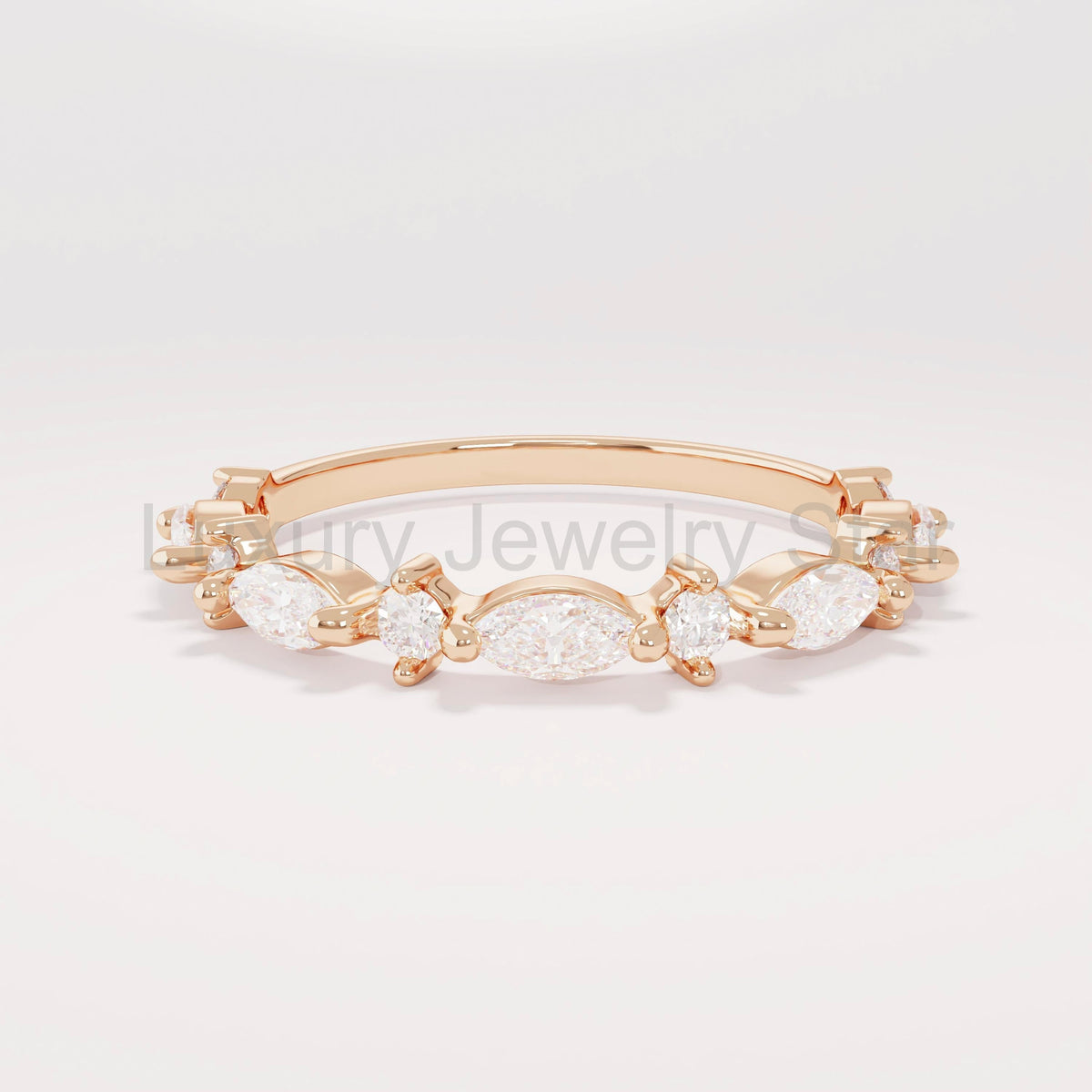 Marquise Diamond Half Eternity Band – Solid Gold Unique Wedding Ring, Marquise Gold Diamond Band
