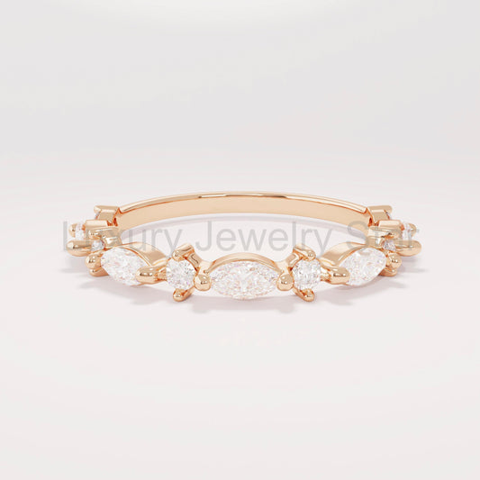 Marquise Diamond Half Eternity Band – Solid Gold Unique Wedding Ring, Marquise Gold Diamond Band