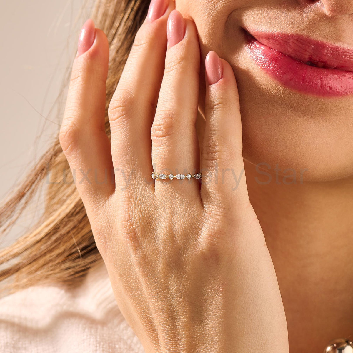 Marquise Diamond Half Eternity Band – Solid Gold Unique Wedding Ring, Marquise Gold - image 4