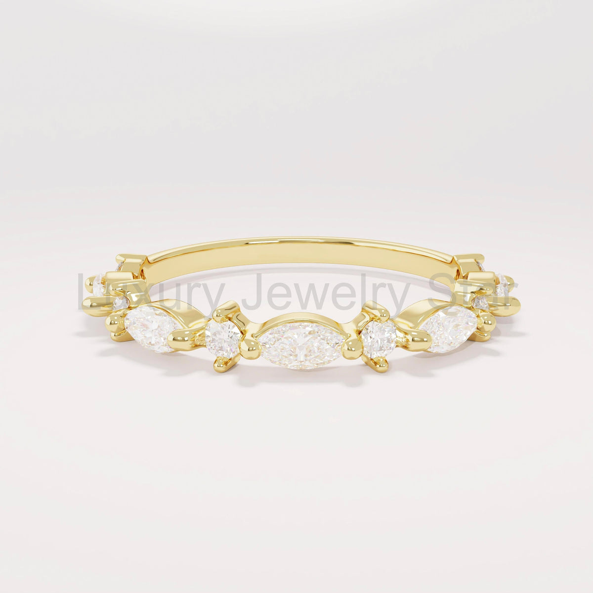 Marquise Diamond Half Eternity Band – Solid Gold Unique Wedding Ring, Marquise Gold - image 6