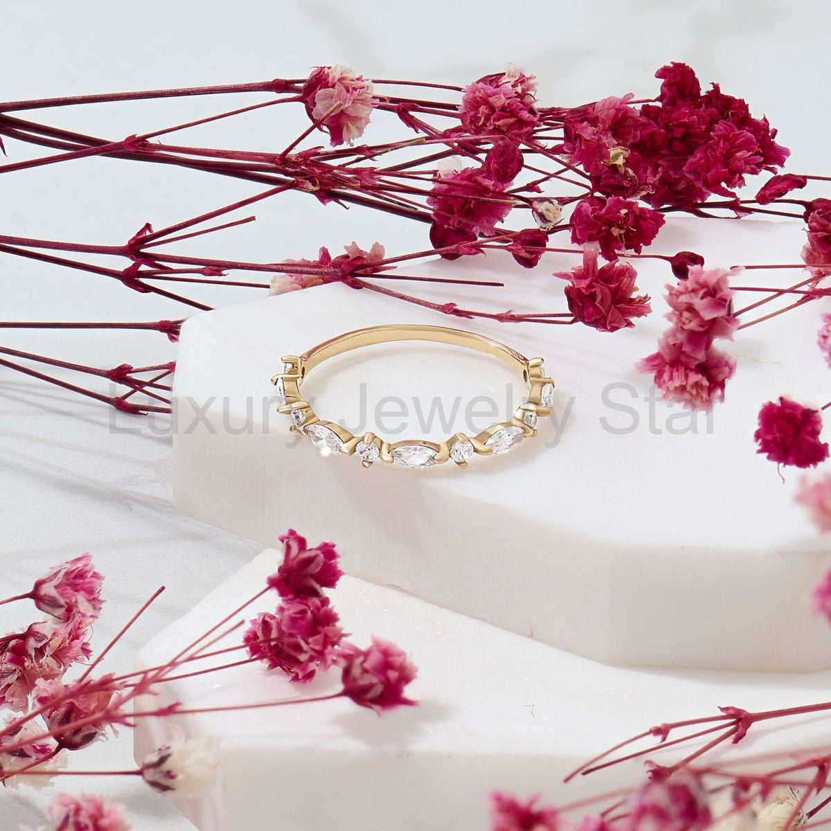 Marquise Diamond Half Eternity Band – Solid Gold Unique Wedding Ring, Marquise Gold - image 8